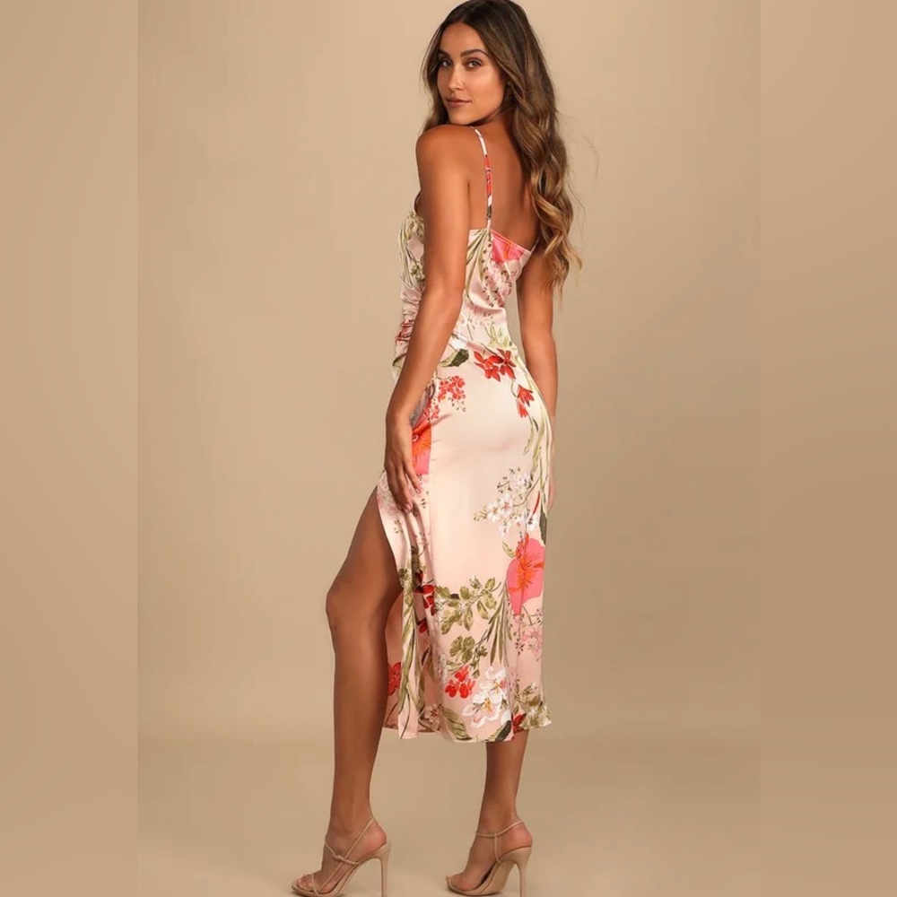 Lulu's Pink Floral Satin Midi Dress with Coral & Green Print - Picture 3 of 6